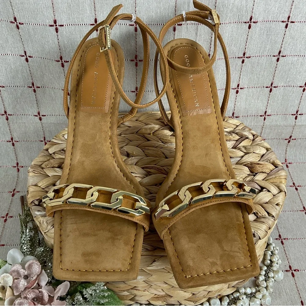 Good American Suede Single Strap Chain Heeled Sandals Amber Brown Sz 11 New - Picture 12 of 12